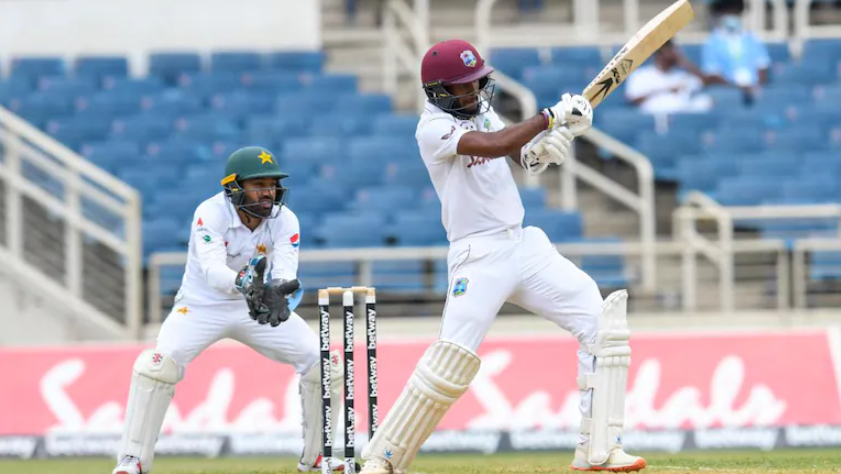 West Indies captain Kraigg Brathwaite fell short of a well-deserved century but still steered his side to a 34-run lead over Pakistan