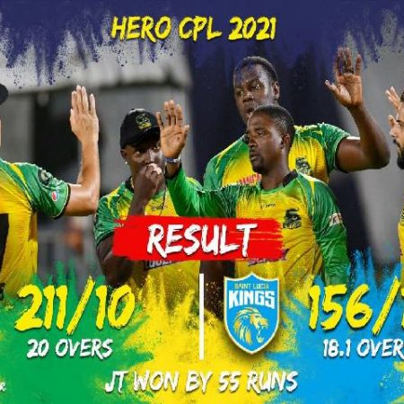 CPL 2021: JAM defeated SLK by 55 runs to notch up their 2nd consecutive win and keep their hopes of a knockout spot alive