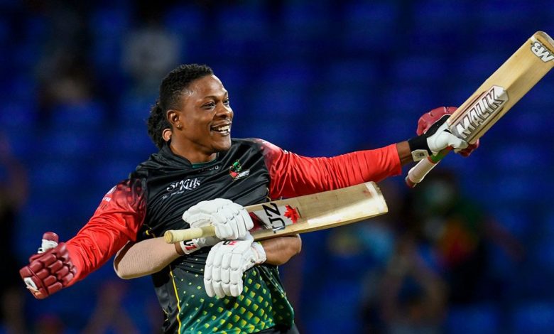 Sheldon Cottrell seals victory with a six off the final ball against Ashley Nurse