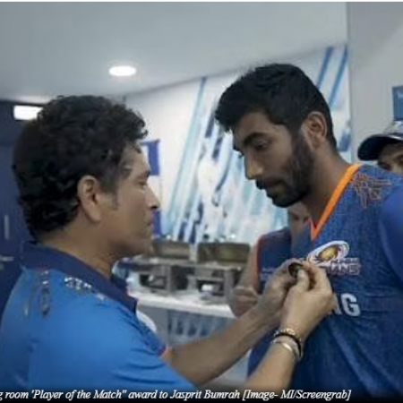 Mumbai Indians confer dressing room ‘Player of the Match’ awards after a 6-wicket win over PBKS in the IPL 2021