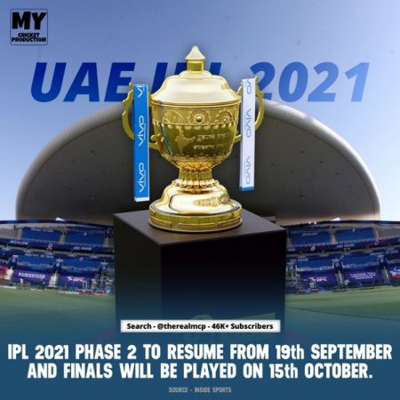 IPL 2021 will resume on September 19 and will be played in the UAE
