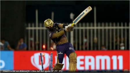 Dinesh Karthik was fined for breaching the IPL’s Code of Conduct during their Qualifier 2 clash in IPL 2021