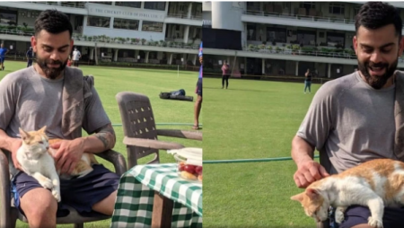 IND vs NZ 2021: Virat Kohli has shared cute pictures with a cat during the team’s practice session ahead of the two-match Test series