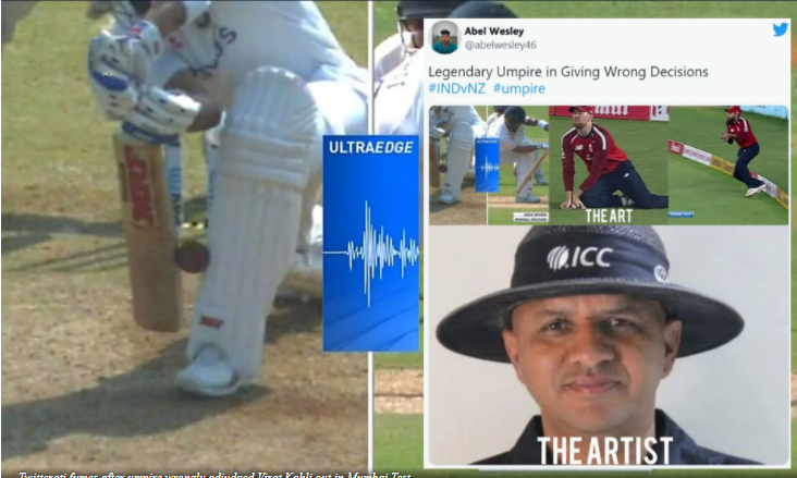 Twitterati fumes says “Andhe Umpires” after umpiring blunder to rule Virat Kohli out in Mumbai Test