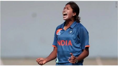 Jhulan Goswami’s ball hits the middle stump, but Nat Sciver, England’s batter, survives.