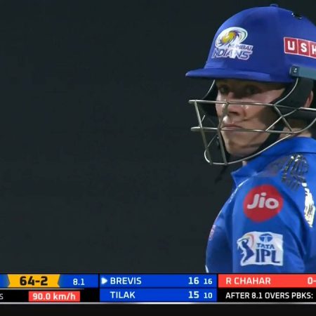 In the MI vs PBKS match, Dewald Brevis, a South African teenager, hits Rahul Chahar for four consecutive sixes.