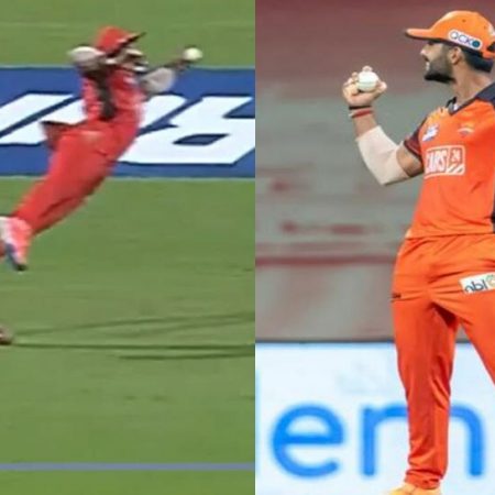 Shubman Gill is dismissed after Rahul Tripathi makes a stunning one-handed diving catch.