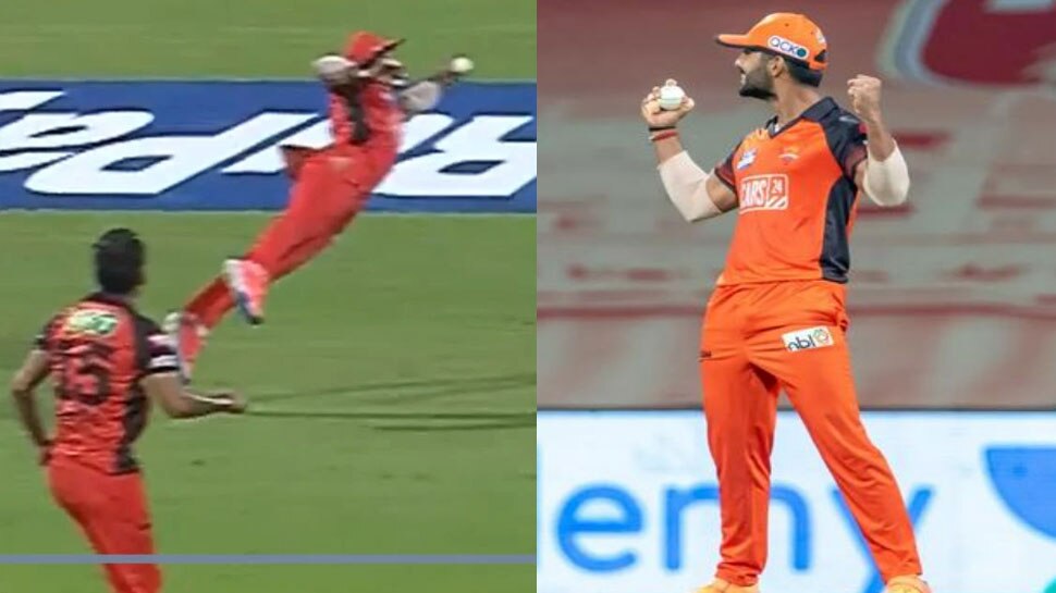 Shubman Gill is dismissed after Rahul Tripathi makes a stunning one-handed diving catch.
