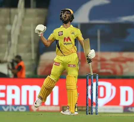 Ruturaj Gaikwad celebrates after scoring a fiery half-century in the third T20I