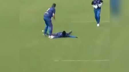 A bizarre celebration by a Serbian cricketer has gone viral on social media.