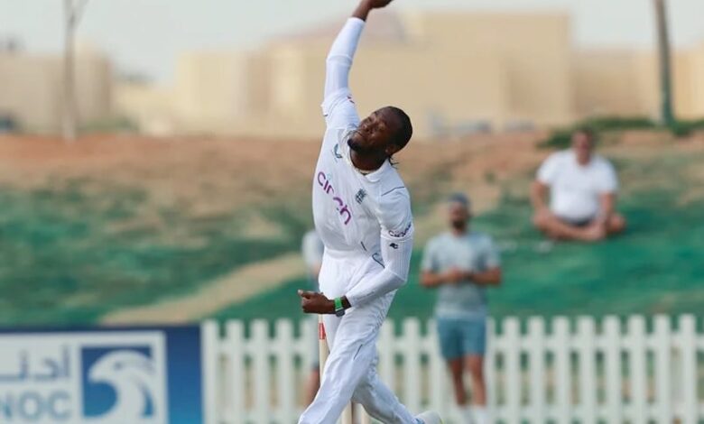 In England’s intra-squad match before of the Pakistan tour, Jofra Archer bowls full power.
